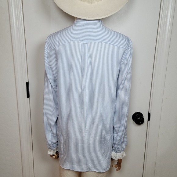 J. Crew Blue & White Striped Cupro Blend Button-Up Shirt Ruffle Trim Size Small - Picture 9 of 13